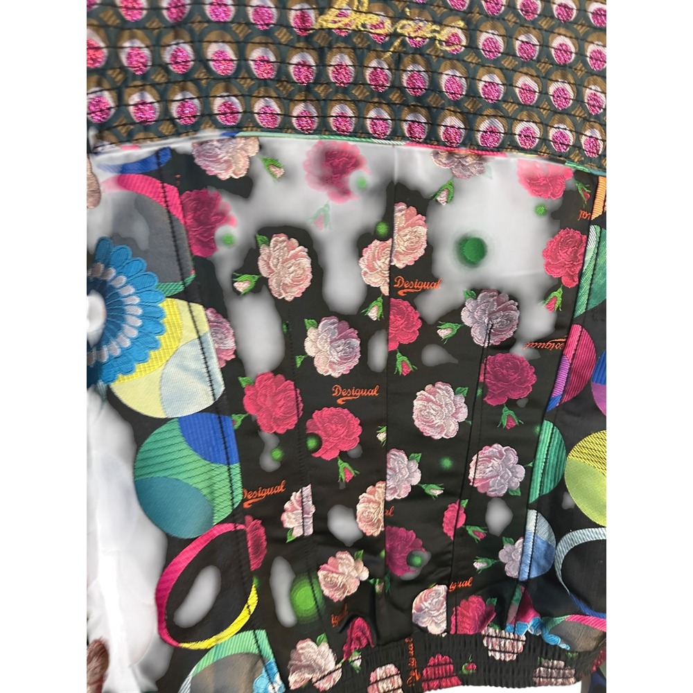 Desigual Jacket W. 40 Black Multi Color Floral Embroidered Moto Bomber Full Zip - Picture 11 of 13